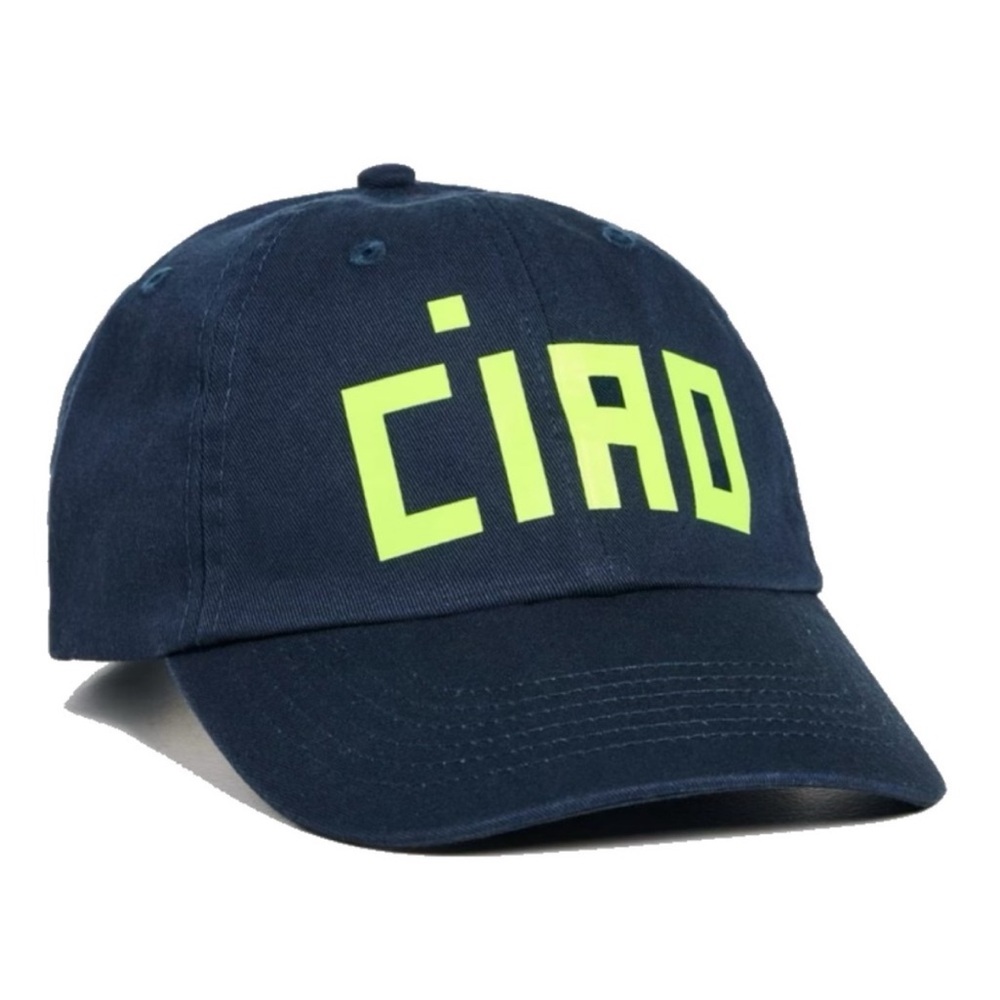 Clare V Navy Baseball Cap with Neon Yellow 'CIAO'